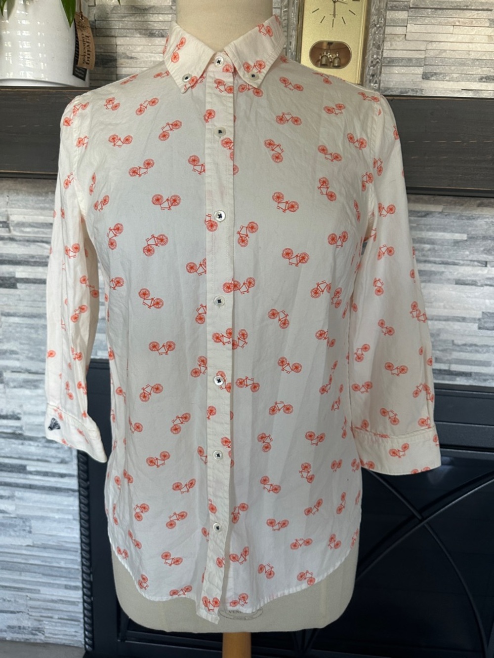 White Button-Up Shirt with Orange Bicycle Print size 4